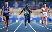 22 July 2025; Toluwabori Akinola, from Balbriggan in Dublin, representing University College Dublin and Ireland, centre, on his way to finishing third in the semi-final of the men's 100m during day six of the FISU World University Games 2025 at Lohrheidestadion in Bochum, Germany. Photo by Shauna Clinton/Sportsfile
