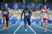 22 July 2025; Toluwabori Akinola, from Balbriggan in Dublin, representing University College Dublin and Ireland, centre, on his way to finishing third in the semi-final of the men's 100m during day six of the FISU World University Games 2025 at Lohrheidestadion in Bochum, Germany. Photo by Shauna Clinton/Sportsfile