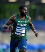 22 July 2025; Toluwabori Akinola, from Balbriggan in Dublin, representing University College Dublin and Ireland after finishing third in the semi-final of the men's 100m during day six of the FISU World University Games 2025 at Lohrheidestadion in Bochum, Germany. Photo by Shauna Clinton/Sportsfile