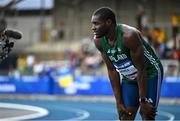 22 July 2025; Toluwabori Akinola, from Balbriggan in Dublin, representing University College Dublin and Ireland, after finishing third in the semi-final of the men's 100m during day six of the FISU World University Games 2025 at Lohrheidestadion in Bochum, Germany. Photo by Shauna Clinton/Sportsfile