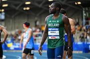 22 July 2025; Toluwabori Akinola, from Balbriggan in Dublin, representing University College Dublin and Ireland, after finishing third in the semi-final of the men's 100m during day six of the FISU World University Games 2025 at Lohrheidestadion in Bochum, Germany. Photo by Shauna Clinton/Sportsfile