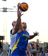 22 July 2025; Muireann Teahan of Team Ireland in action against Ana Manuela Manea of Romania during the girls 3x3 Group C match between Team Ireland and Romania during day two of the 2025 European Youth Summer Olympic Festival at East Gate Mall in Skopje, North Macedonia. Photo by Tyler Miller/Sportsfile