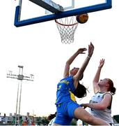 22 July 2025; Faye McDonnell of Team Ireland in action against Ioana Savu of Romania during the girls 3x3 Group C match between Team Ireland and Romania during day two of the 2025 European Youth Summer Olympic Festival at East Gate Mall in Skopje, North Macedonia. Photo by Tyler Miller/Sportsfile