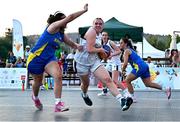 22 July 2025; Faye McDonnell of Team Ireland in action against Ana Manuela Manea of Romania during the girls 3x3 Group C match between Team Ireland and Romania during day two of the 2025 European Youth Summer Olympic Festival at East Gate Mall in Skopje, North Macedonia. Photo by Tyler Miller/Sportsfile