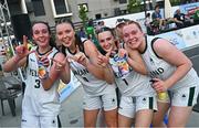 22 July 2025; Team Ireland players, from left, Helena Keane, Muireann Teahan, Aoibheann Donnelly and Faye McDonnell after their victory in the girls 3x3 Group C match between Team Ireland and Romania during day two of the 2025 European Youth Summer Olympic Festival at East Gate Mall in Skopje, North Macedonia. Photo by Tyler Miller/Sportsfile