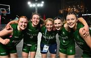 22 July 2025; Ireland players, from left, Faye McDonnell, Helena Keane, Aoibheann Donnelly and Muireann Teahan celebrate with coach Niamh Dwyer after their victory in the girls 3x3 Group C match between Team Ireland and Netherlands during day two of the 2025 European Youth Summer Olympic Festival at East Gate Mall in Skopje, North Macedonia. Photo by Tyler Miller/Sportsfile