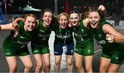 22 July 2025; Ireland players, from left, Faye McDonnell, Helena Keane, Aoibheann Donnelly and Muireann Teahan celebrate with coach Niamh Dwyer after their victory in the girls 3x3 Group C match between Team Ireland and Netherlands during day two of the 2025 European Youth Summer Olympic Festival at East Gate Mall in Skopje, North Macedonia. Photo by Tyler Miller/Sportsfile