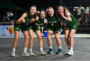 22 July 2025; Ireland players, from left, Muireann Teahan, Aoibheann Donnelly, Faye McDonnell and Helena Keane celebrate after their victory in the girls 3x3 Group C match between Team Ireland and Netherlands during day two of the 2025 European Youth Summer Olympic Festival at East Gate Mall in Skopje, North Macedonia. Photo by Tyler Miller/Sportsfile
