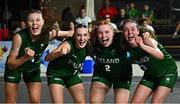 22 July 2025; Ireland players, from left, Muireann Teahan, Aoibheann Donnelly, Faye McDonnell and Helena Keane celebrate after their victory in the girls 3x3 Group C match between Team Ireland and Netherlands during day two of the 2025 European Youth Summer Olympic Festival at East Gate Mall in Skopje, North Macedonia. Photo by Tyler Miller/Sportsfile