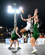 22 July 2025; Eve Blagrove of Netherlands in action against Muireann Teahan of Team Ireland during the girls 3x3 Group C match between Team Ireland and Netherlands during day two of the 2025 European Youth Summer Olympic Festival at East Gate Mall in Skopje, North Macedonia. Photo by Tyler Miller/Sportsfile