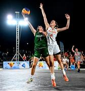 22 July 2025; Aoibheann Donnelly of Team Ireland in action against Irene Wassink of Netherlands during the girls 3x3 Group C match between Team Ireland and Netherlands during day two of the 2025 European Youth Summer Olympic Festival at East Gate Mall in Skopje, North Macedonia. Photo by Tyler Miller/Sportsfile