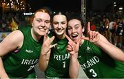 22 July 2025; Team Ireland players, from left, Faye McDonnell, Aoibheann Donnelly and Helena Keane celebrate after their victory in the girls 3x3 Group C match between Team Ireland and Netherlands during day two of the 2025 European Youth Summer Olympic Festival at East Gate Mall in Skopje, North Macedonia. Photo by Tyler Miller/Sportsfile