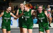 22 July 2025; Team Ireland players, from left, Aoibheann Donnelly, Muireann Teahan, Faye McDonnell and Helena Keane celebrate after their victory in the girls 3x3 Group C match between Team Ireland and Netherlands during day two of the 2025 European Youth Summer Olympic Festival at East Gate Mall in Skopje, North Macedonia. Photo by Tyler Miller/Sportsfile