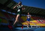 23 July 2025; Matthew Newell of Team Ireland, left, competes in the boys 5km race walk final at Todor Proeski National Arena during day three of the 2025 European Youth Summer Olympic Festival in Skopje, North Macedonia. Photo by Tyler Miller/Sportsfile