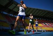 23 July 2025; Matthew Newell of Team Ireland, centre, competes in the boys 5km race walk final at Todor Proeski National Arena during day three of the 2025 European Youth Summer Olympic Festival in Skopje, North Macedonia. Photo by Tyler Miller/Sportsfile