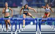 23 July 2025; Kate O'Connor, from Dundalk in Louth, representing Ulster University and Ireland, centre, competes in the women's heptathlon 100m hurdles during day seven of the FISU World University Games 2025 at Lohrheidestadion in Bochum, Germany. Photo by Shauna Clinton/Sportsfile