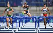 23 July 2025; Kate O'Connor, from Dundalk in Louth, representing Ulster University and Ireland, centre, competes in the women's heptathlon 100m hurdles during day seven of the FISU World University Games 2025 at Lohrheidestadion in Bochum, Germany. Photo by Shauna Clinton/Sportsfile