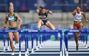 23 July 2025; Kate O'Connor, from Dundalk in Louth, representing Ulster University and Ireland, centre, competes in the women's heptathlon 100m hurdles during day seven of the FISU World University Games 2025 at Lohrheidestadion in Bochum, Germany. Photo by Shauna Clinton/Sportsfile