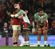 22 July 2025; Jamie Osborne of British & Irish Lions, left, and Mesake Vocevoce of First Nations & Pasifika XV after the tour match between First Nations & Pasifika XV and the British & Irish Lions at Marvel Stadium in Melbourne, Australia. Photo by Brendan Moran/Sportsfile
