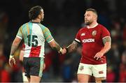22 July 2025; Rory Sutherland of British & Irish Lions, right, shakes hands with Andy Muirhead of First Nations & Pasifika XV after the tour match between First Nations & Pasifika XV and the British & Irish Lions at Marvel Stadium in Melbourne, Australia. Photo by Brendan Moran/Sportsfile