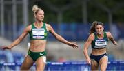 23 July 2025; Kate O'Connor, from Dundalk in Louth, representing Ulster University and Ireland, right, competes in the women's heptathlon 100m hurdles during day seven of the FISU World University Games 2025 at Lohrheidestadion in Bochum, Germany. Photo by Shauna Clinton/Sportsfile