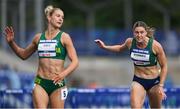 23 July 2025; Kate O'Connor, from Dundalk in Louth, representing Ulster University and Ireland, right, competes in the women's heptathlon 100m hurdles during day seven of the FISU World University Games 2025 at Lohrheidestadion in Bochum, Germany. Photo by Shauna Clinton/Sportsfile