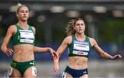 23 July 2025; Kate O'Connor, from Dundalk in Louth, representing Ulster University and Ireland, right, after the women's heptathlon 100m hurdles during day seven of the FISU World University Games 2025 at Lohrheidestadion in Bochum, Germany. Photo by Shauna Clinton/Sportsfile