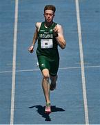 23 July 2025; Joe Burke of Team Ireland competes in the boys 200m heats at Todor Proeski National Arena during day three of the 2025 European Youth Summer Olympic Festival in Skopje, North Macedonia. Photo by Tyler Miller/Sportsfile