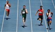 23 July 2025; Joe Burke of Team Ireland, second from left, competes in the boys 200m heats at Todor Proeski National Arena during day three of the 2025 European Youth Summer Olympic Festival in Skopje, North Macedonia. Photo by Tyler Miller/Sportsfile