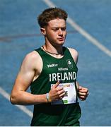 23 July 2025; Joe Burke of Team Ireland after competing in the boys 200m heats at Todor Proeski National Arena during day three of the 2025 European Youth Summer Olympic Festival in Skopje, North Macedonia. Photo by Tyler Miller/Sportsfile