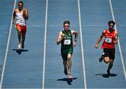 23 July 2025; Joe Burke of Team Ireland, centre, competes in the boys 200m heats at Todor Proeski National Arena during day three of the 2025 European Youth Summer Olympic Festival in Skopje, North Macedonia. Photo by Tyler Miller/Sportsfile