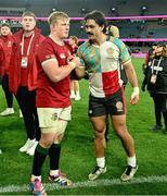 22 July 2025; Jac Morgan of British & Irish Lions, left, and Charlie Gamble of First Nations & Pasifika XV after the tour match between First Nations & Pasifika XV and the British & Irish Lions at Marvel Stadium in Melbourne, Australia. Photo by Brendan Moran/Sportsfile