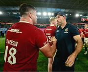 22 July 2025; British & Irish Lions assistant coach Andrew Goodman, right, congratulates Tom Clarkson after the tour match between First Nations & Pasifika XV and the British & Irish Lions at Marvel Stadium in Melbourne, Australia. Photo by Brendan Moran/Sportsfile