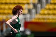23 July 2025; Conor Penney of Team Ireland reacts after failing to make a clearance in the boys high jump final at Todor Proeski National Arena during day three of the 2025 European Youth Summer Olympic Festival in Skopje, North Macedonia. Photo by Tyler Miller/Sportsfile