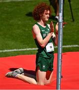 23 July 2025; Conor Penney of Team Ireland acknowledges the crowd after failing to make a clearance in the boys high jump final at Todor Proeski National Arena during day three of the 2025 European Youth Summer Olympic Festival in Skopje, North Macedonia. Photo by Tyler Miller/Sportsfile
