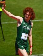 23 July 2025; Conor Penney of Team Ireland acknowledges the crowd after failing to make a clearance in the boys high jump final at Todor Proeski National Arena during day three of the 2025 European Youth Summer Olympic Festival in Skopje, North Macedonia. Photo by Tyler Miller/Sportsfile