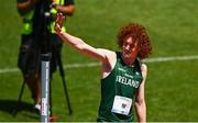 23 July 2025; Conor Penney of Team Ireland acknowledges the crowd after failing to make a clearance in the boys high jump final at Todor Proeski National Arena during day three of the 2025 European Youth Summer Olympic Festival in Skopje, North Macedonia. Photo by Tyler Miller/Sportsfile