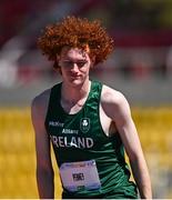 23 July 2025; Conor Penney of Team Ireland reacts after failing to make a clearance in the boys high jump final at Todor Proeski National Arena during day three of the 2025 European Youth Summer Olympic Festival in Skopje, North Macedonia. Photo by Tyler Miller/Sportsfile