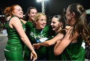 22 July 2025; Ireland players, from left, Faye McDonnell, Helena Keane, Aoibheann Donnelly and Muireann Teahan celebrate with Team leader Niamh Dwyer after their vicotry in the girls 3x3 Group C match between Team Ireland and Netherlands during day two of the 2025 European Youth Summer Olympic Festival at East Gate Mall in Skopje, North Macedonia. Photo by Tyler Miller/Sportsfile