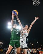 22 July 2025; Muireann Teahan of Team Ireland in action against Irene Wassink of Netherlands during the girls 3x3 Group C match between Team Ireland and Netherlands during day two of the 2025 European Youth Summer Olympic Festival at East Gate Mall in Skopje, North Macedonia. Photo by Tyler Miller/Sportsfile