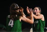 22 July 2025; Aoibheann Donnelly of Team Ireland, right, celebrates with team-mate Muireann Teahan after the girls 3x3 Group C match between Team Ireland and Netherlands during day two of the 2025 European Youth Summer Olympic Festival at East Gate Mall in Skopje, North Macedonia. Photo by Tyler Miller/Sportsfile