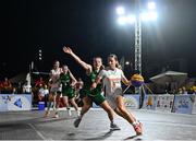 22 July 2025; Muireann Teahan of Team Ireland in action against Raquel Van Dijk of Netherlands during the girls 3x3 Group C match between Team Ireland and Netherlands during day two of the 2025 European Youth Summer Olympic Festival at East Gate Mall in Skopje, North Macedonia. Photo by Tyler Miller/Sportsfile