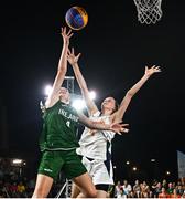 22 July 2025; Muireann Teahan of Team Ireland in action against Irene Wassink of Netherlands during the girls 3x3 Group C match between Team Ireland and Netherlands during day two of the 2025 European Youth Summer Olympic Festival at East Gate Mall in Skopje, North Macedonia. Photo by Tyler Miller/Sportsfile