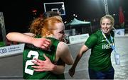 22 July 2025; Faye McDonnell of Team Ireland, 2, celebrates with Helena Keane, Aoibheann Donnelly and team leader Niamh Dwyer after their vicotry in the girls 3x3 Group C match between Team Ireland and Netherlands during day two of the 2025 European Youth Summer Olympic Festival at East Gate Mall in Skopje, North Macedonia. Photo by Tyler Miller/Sportsfile