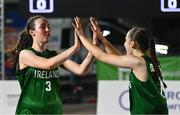 22 July 2025; Helena Keane of Team Ireland, left, and team-mate Aoibheann Donnelly before the girls 3x3 Group C match between Team Ireland and Netherlands during day two of the 2025 European Youth Summer Olympic Festival at East Gate Mall in Skopje, North Macedonia. Photo by Tyler Miller/Sportsfile
