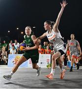 22 July 2025; Muireann Teahan of Team Ireland in action against Irene Wassink of Netherlands during the girls 3x3 Group C match between Team Ireland and Netherlands during day two of the 2025 European Youth Summer Olympic Festival at East Gate Mall in Skopje, North Macedonia. Photo by Tyler Miller/Sportsfile