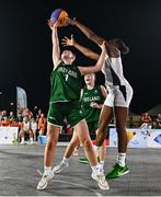 22 July 2025; Aoibheann Donnelly of Team Ireland in action against Quintilla Hidalgo of Netherlands during the girls 3x3 Group C match between Team Ireland and Netherlands during day two of the 2025 European Youth Summer Olympic Festival at East Gate Mall in Skopje, North Macedonia. Photo by Tyler Miller/Sportsfile