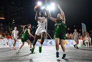 22 July 2025; Quintilla Hidalgo of Netherlands in action against Faye McDonnell of Team Ireland during the girls 3x3 Group C match between Team Ireland and Netherlands during day two of the 2025 European Youth Summer Olympic Festival at East Gate Mall in Skopje, North Macedonia. Photo by Tyler Miller/Sportsfile