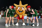 22 July 2025; Ireland players, from left, Muireann Teahan, Aoibheann Donnelly, Faye McDonnell and Helena Keane celebrate with the EYOF mascot after their victory in the girls 3x3 Group C match between Team Ireland and Netherlands during day two of the 2025 European Youth Summer Olympic Festival at East Gate Mall in Skopje, North Macedonia. Photo by Tyler Miller/Sportsfile
