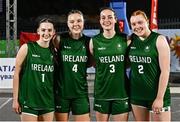 22 July 2025; Ireland players, from left, Aoibheann Donnelly, Muireann Teahan, Helena Keane and Faye McDonnell before the girls 3x3 Group C match between Team Ireland and Netherlands during day two of the 2025 European Youth Summer Olympic Festival at East Gate Mall in Skopje, North Macedonia. Photo by Tyler Miller/Sportsfile